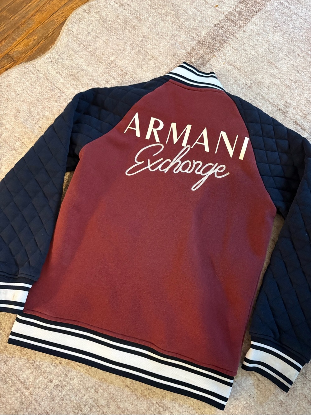 Armani Exchange Burgundy and Navy Quilted-Sleeve Bomber Jacket